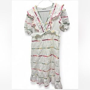 Storia White Dress with Pink, Green and Yellow Trim